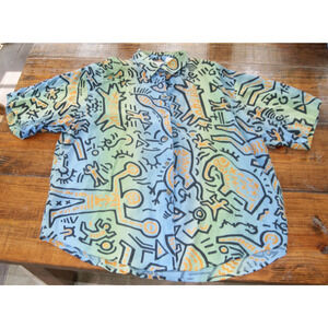 Vintage 90s Keith Haring Style AOP Passports Pier 1 Imports Mens L Button Shirt